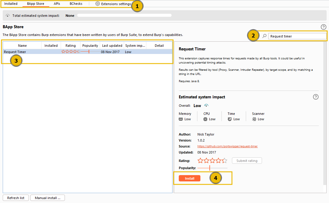 Process to install request timer from BApp Store
