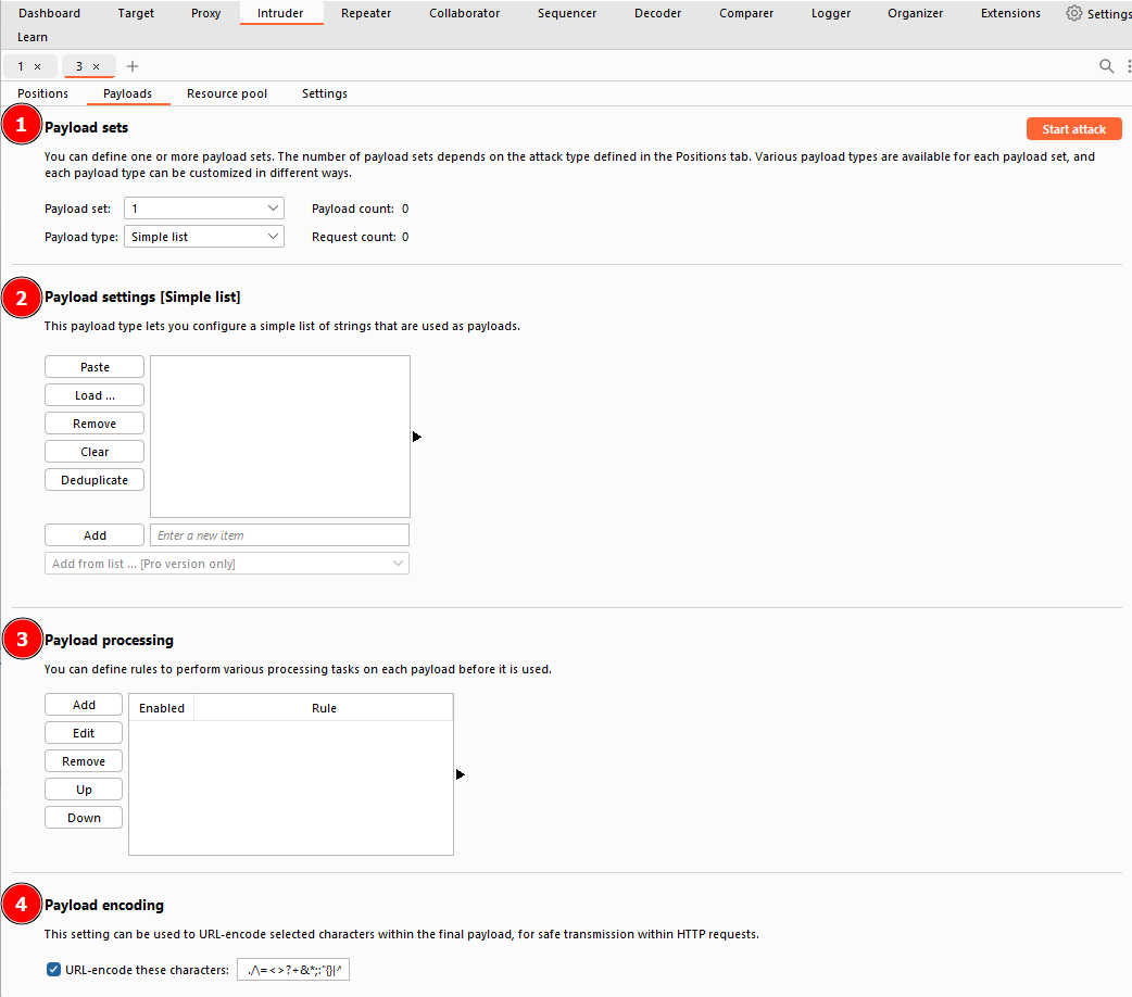 Payloads sub-tab divided into four sections