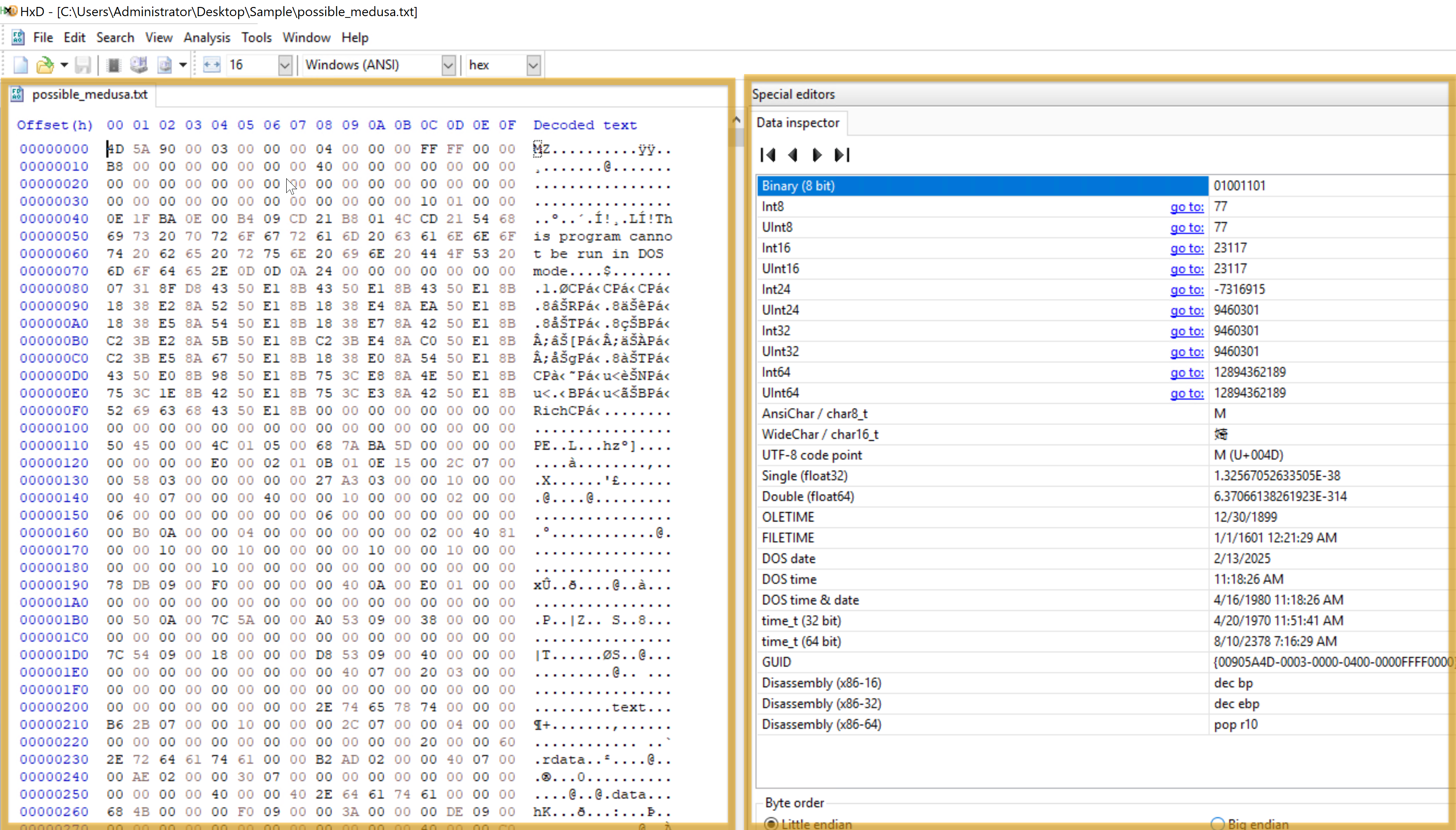 The image shows the hex value of a file