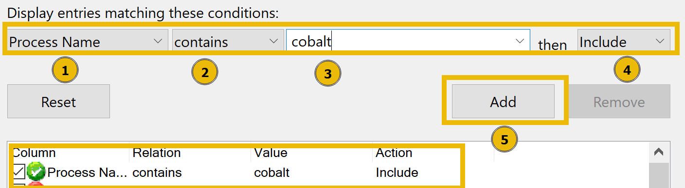 This image shows the steps you will use to filter the results of process monitor tool.