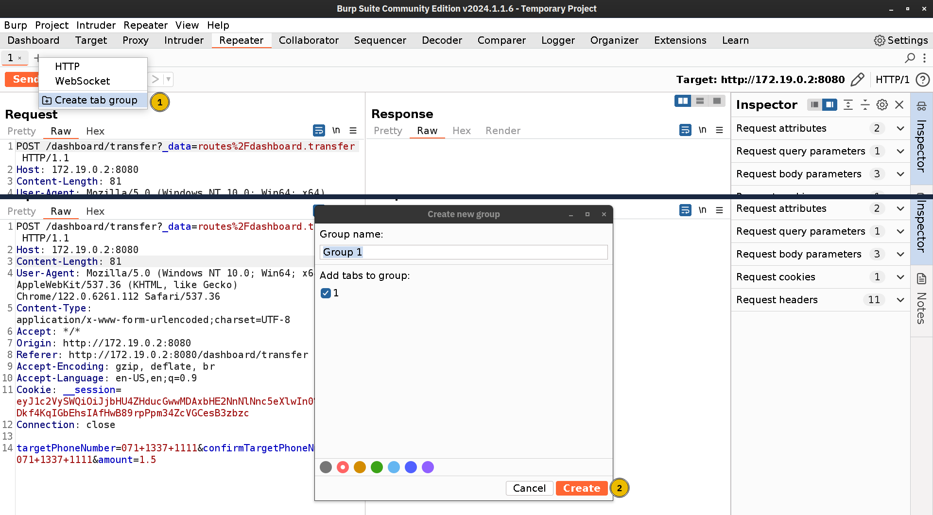 Creating a tab group in Burp Suite Repeater.