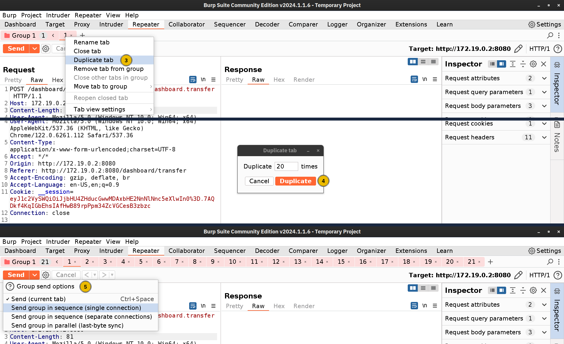 Duplicating a tab 20 times within a tab group in Burp Suite Repeater.