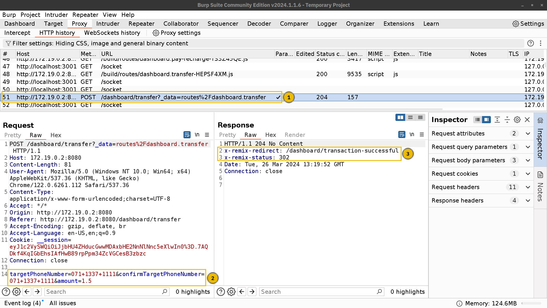 Burp Sutie Proxy HTTP history showing an HTTP POST request and response.