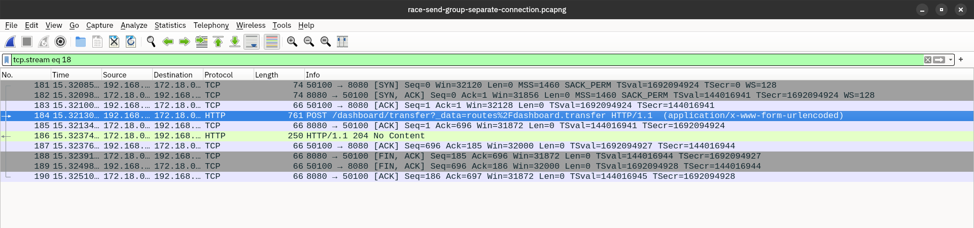 Wireshark showing the TCP connection related to a POST request.