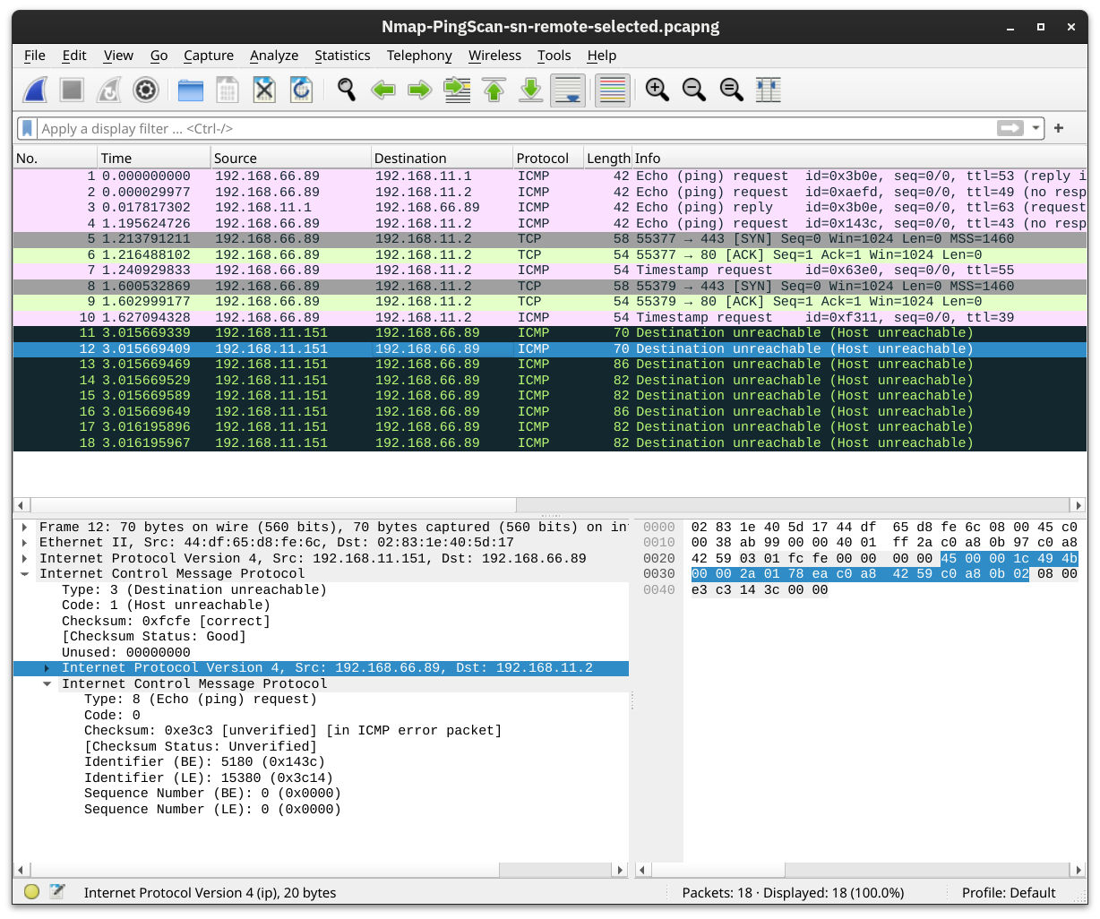 Wireshark showing the packets generated by Nmap when scanning a remote network.