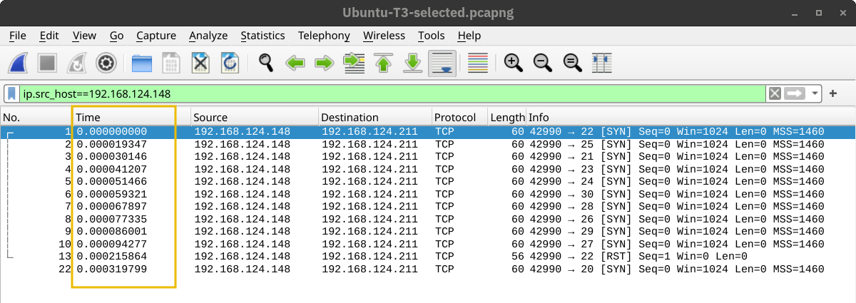 Wireshark showing the time of the packets generated by Nmap when using T3 for timing.