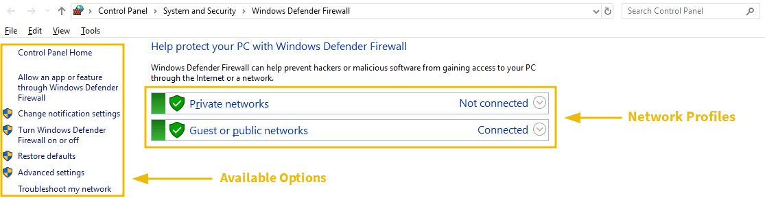 Windows Defender Firewall dashboard.