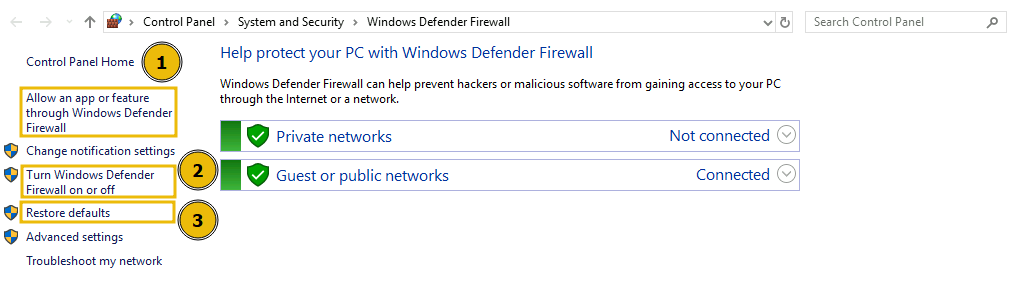 Windows Defender Firewall different options.