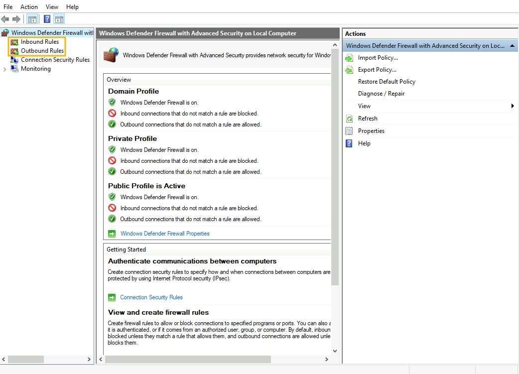 Inbound and outbound rules in Windows Defender firewall.