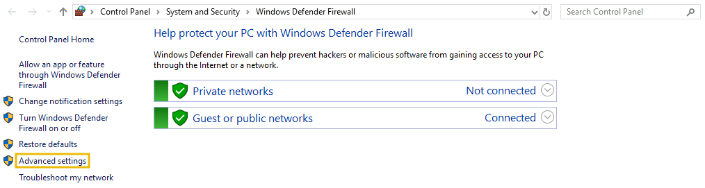 Windows Defender Firewall Advanced Settings tab.