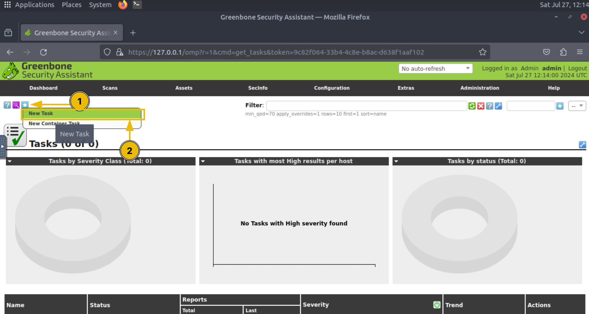 New Task option on OpenVAS dashboard.