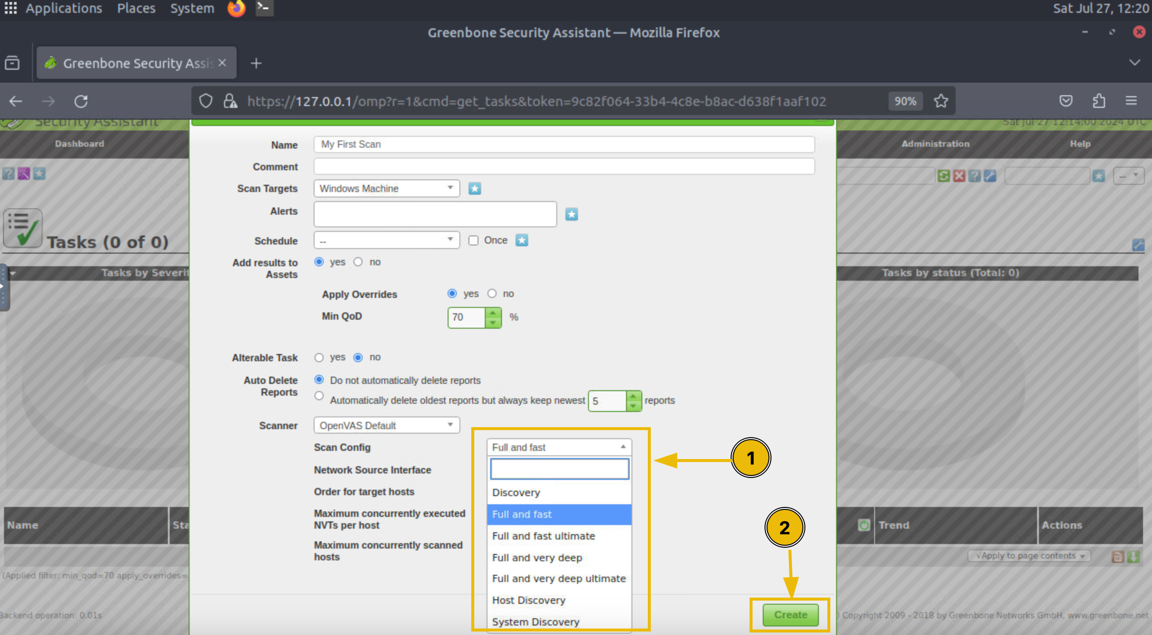 Scan options and creation button.